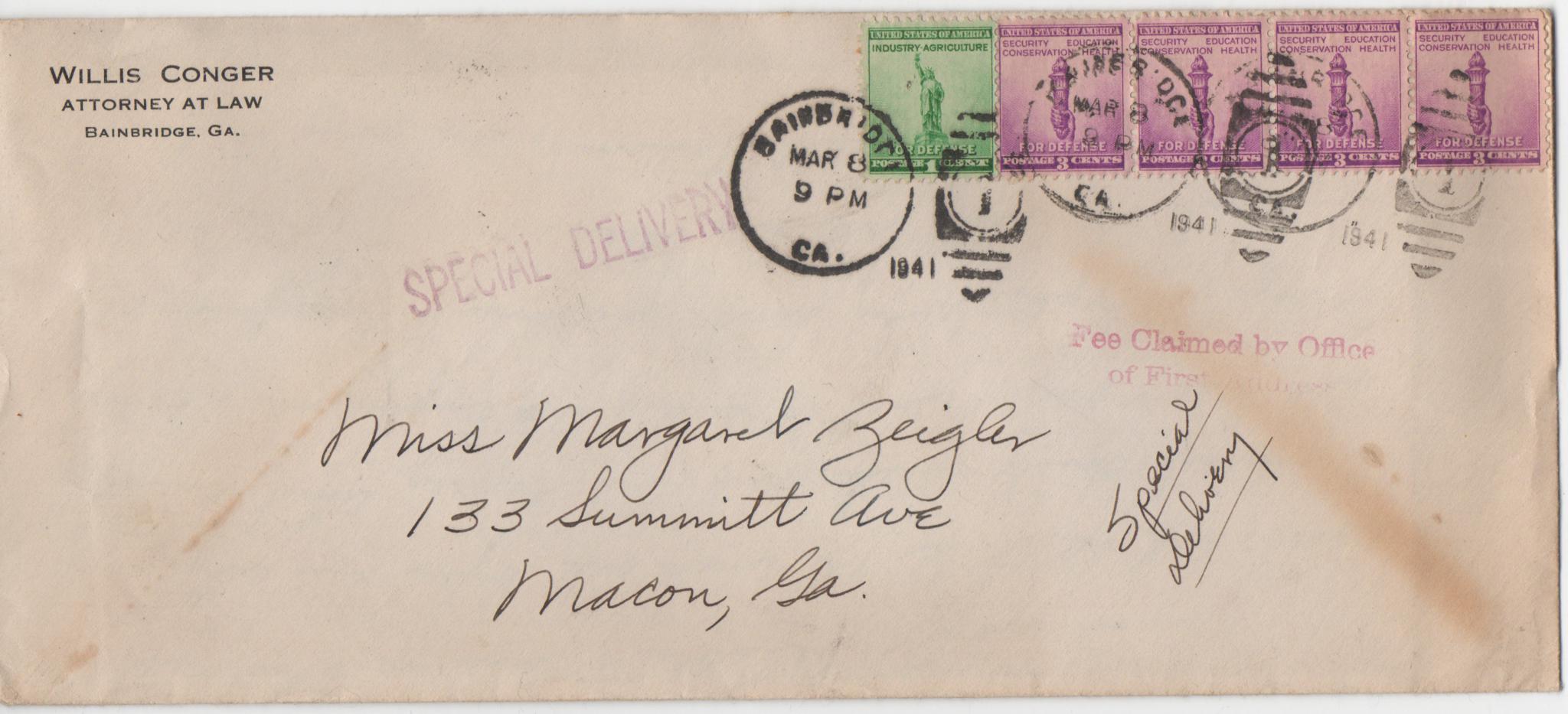 March 8, 1941: Front of envelope