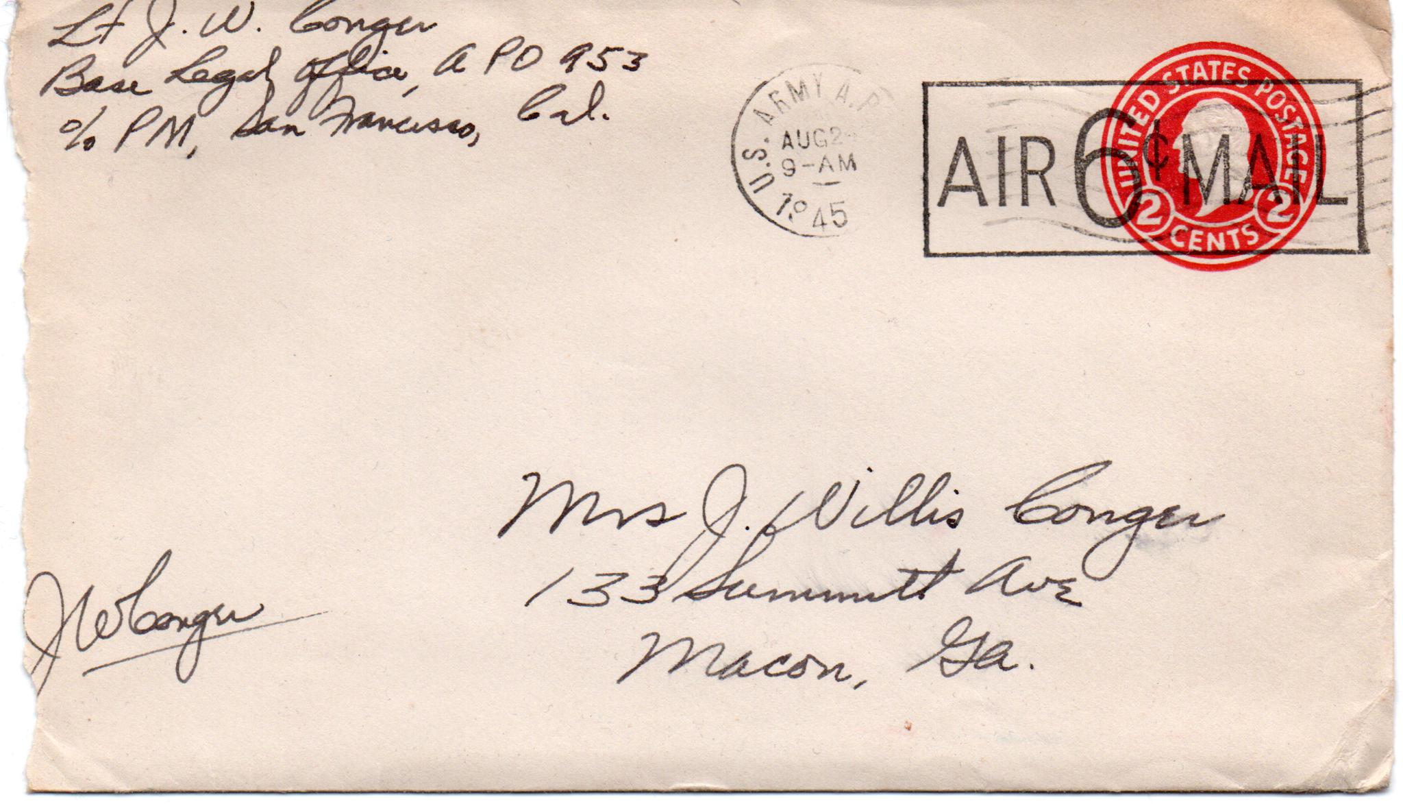 August 23, 1945: Front of envelope