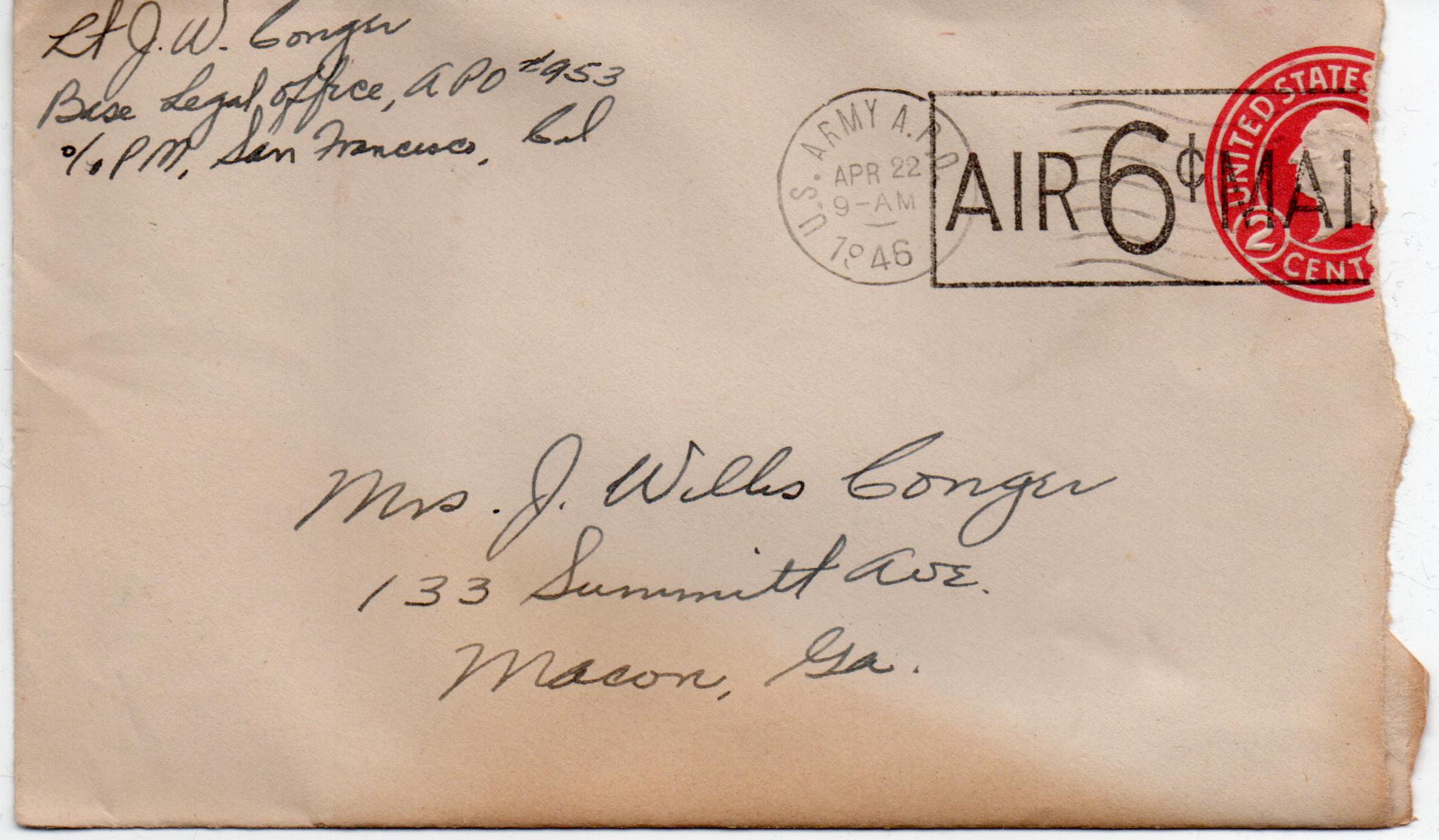 April 21, 1946: Front of envelope